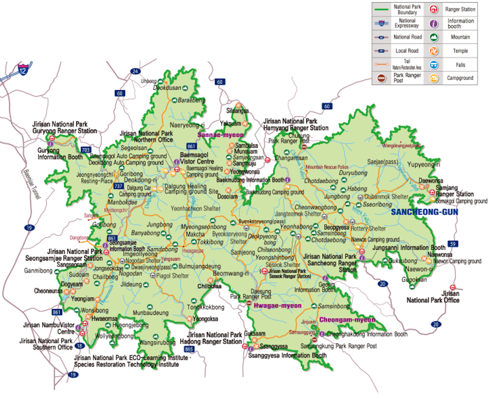 Jirisan hiking map - Jirisan Nationalpark Wanderkarte