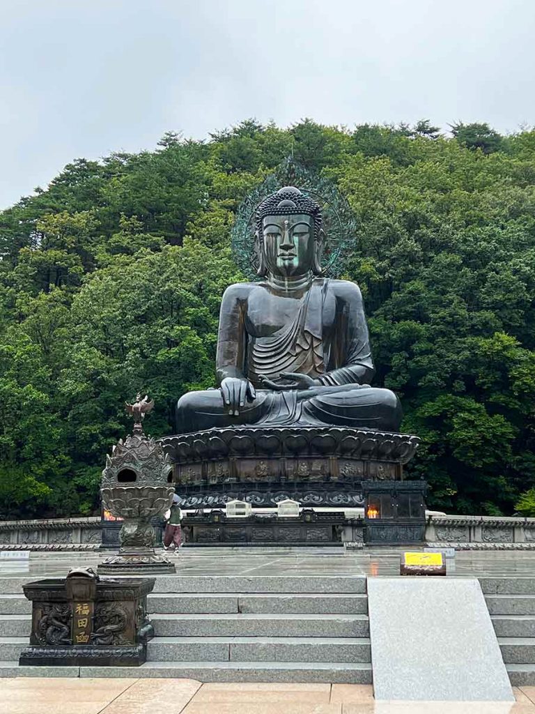 Buddhastatue des Sinheungsa Tempels im Seoraksanpark, nass vom Regen