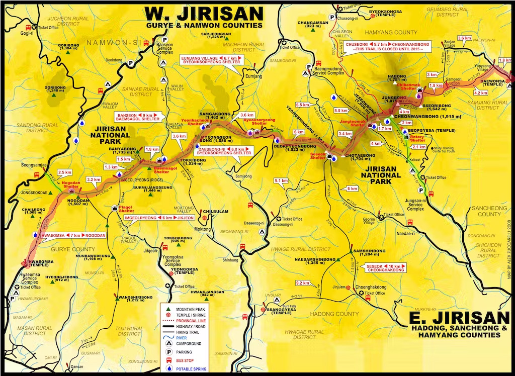 Wanderkarte des Jirisan Nationalparks mit eingezeichneter Route der Jirisan Traverse